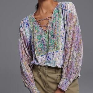 Anthropologie Pastel Floral Lace-Up Peasant Blouse